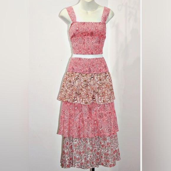 HOUSE OF HARLOW Pink Floral Cotton Smocked Crop Top & Tiered Maxi Skirt Set NWT. - Picture 2 of 13